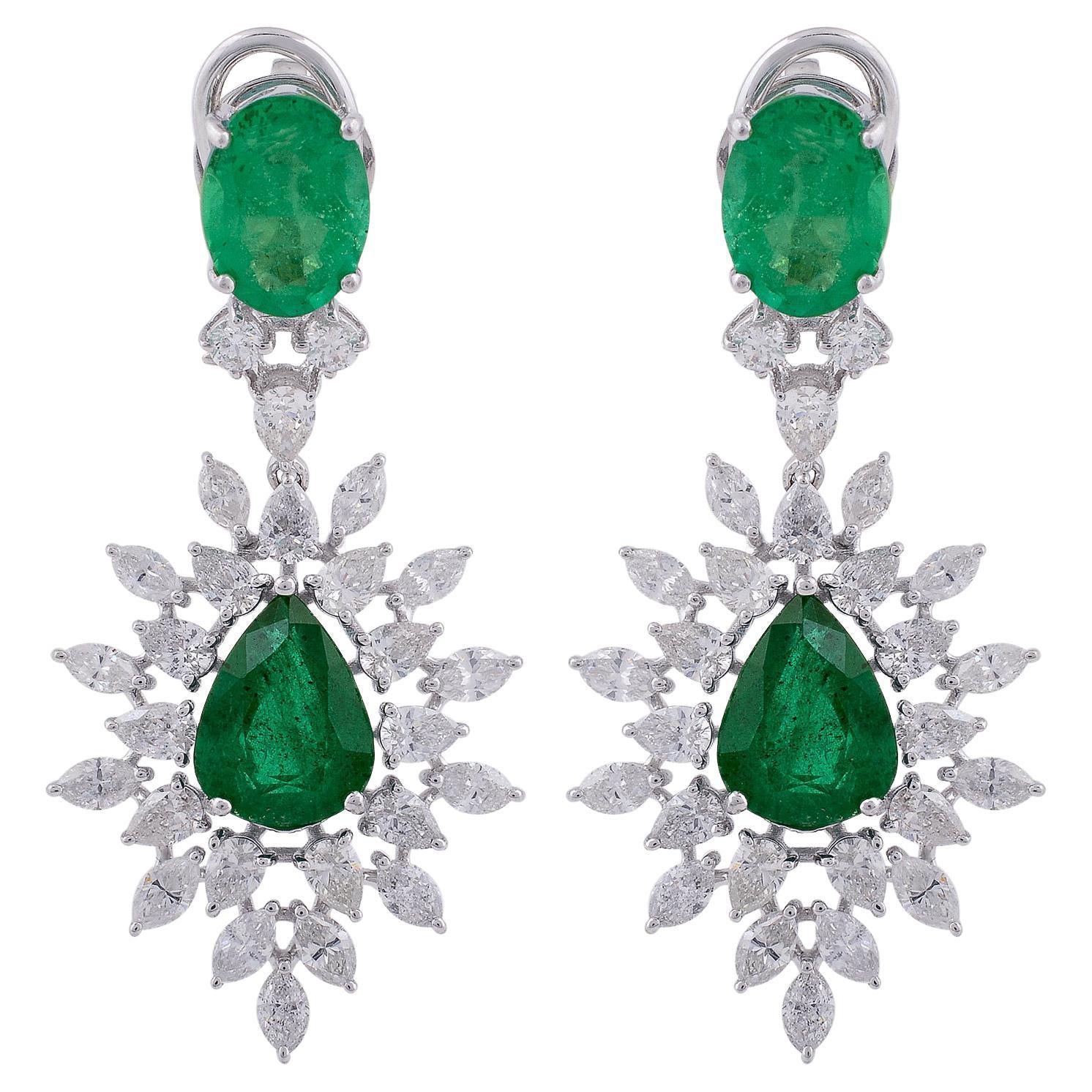 Pendientes colgantes de esmeralda zambiana auténtica de 5,88 quilates 3,45 quilates Diamante 14k Oro Blanco en venta