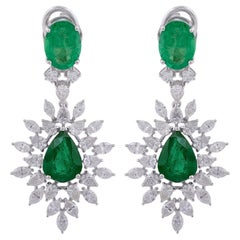 Pendientes colgantes de esmeralda zambiana auténtica de 5,88 quilates 3,45 quilates Diamante 14k Oro Blanco