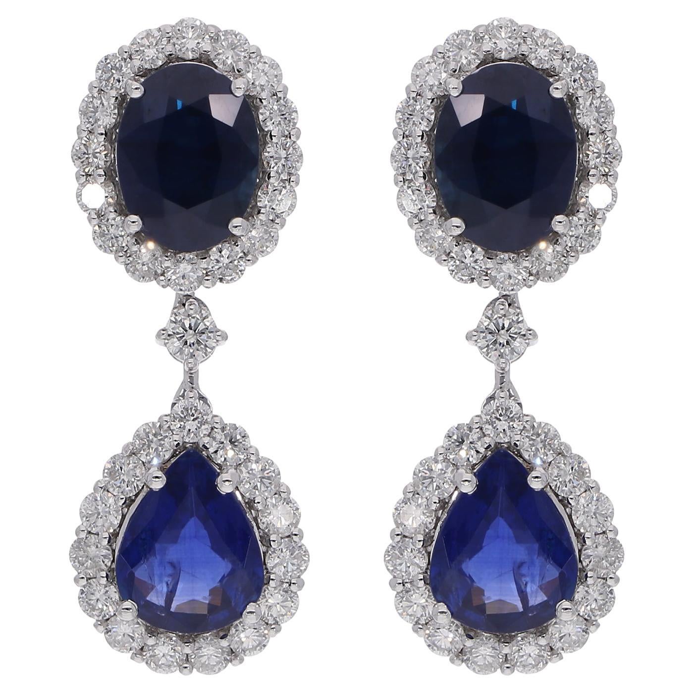 Pendientes Colgantes Zafiro Azul Diamante Oro Blanco 14 Kilates Alta Joyería