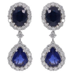 Pendientes Colgantes Zafiro Azul Diamante Oro Blanco 14 Kilates Alta Joyería