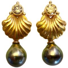 Michael Kneebone Cognac Diamond Tahitian Pearl Shell Dangle Earrings