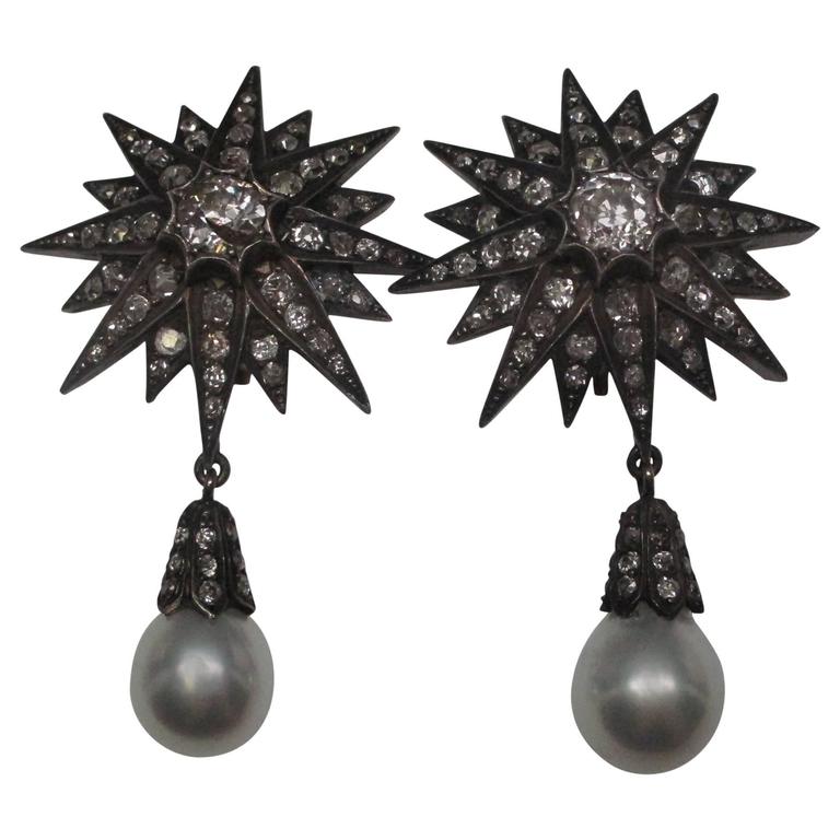 Victorian Silver Over Gold Diamonds Stars With Large Pearl Drop Victorian Silver Over Gold Diamonds Stars With Large Pearl Drop Earrings For