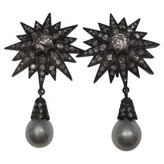 Victorian Silver over Gold Diamonds Stars with Large Pearl Drop Earrings 8