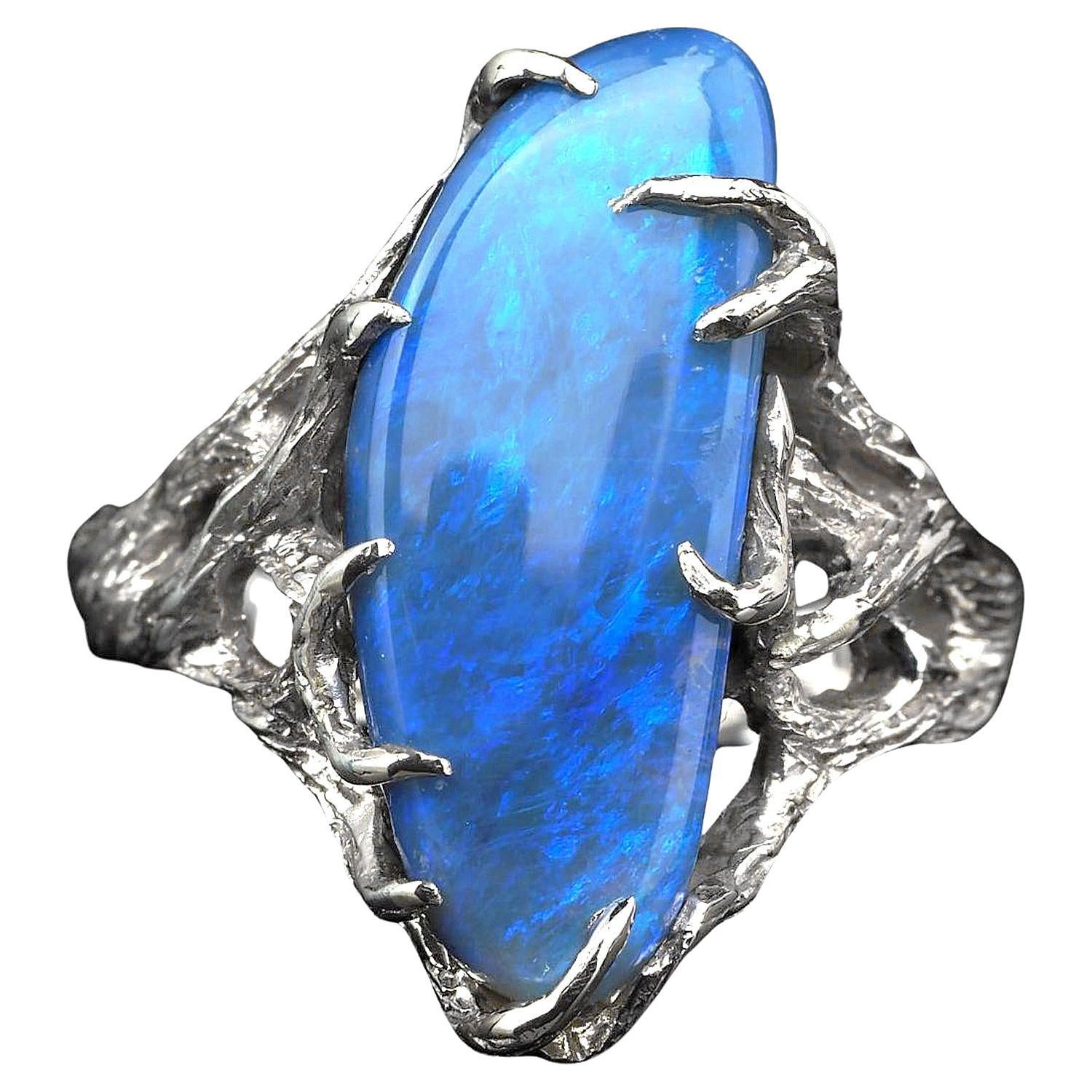 Blue Opal Silver Ring Milky Way Natural Australain stone Unisex Jewelry gift 3ct