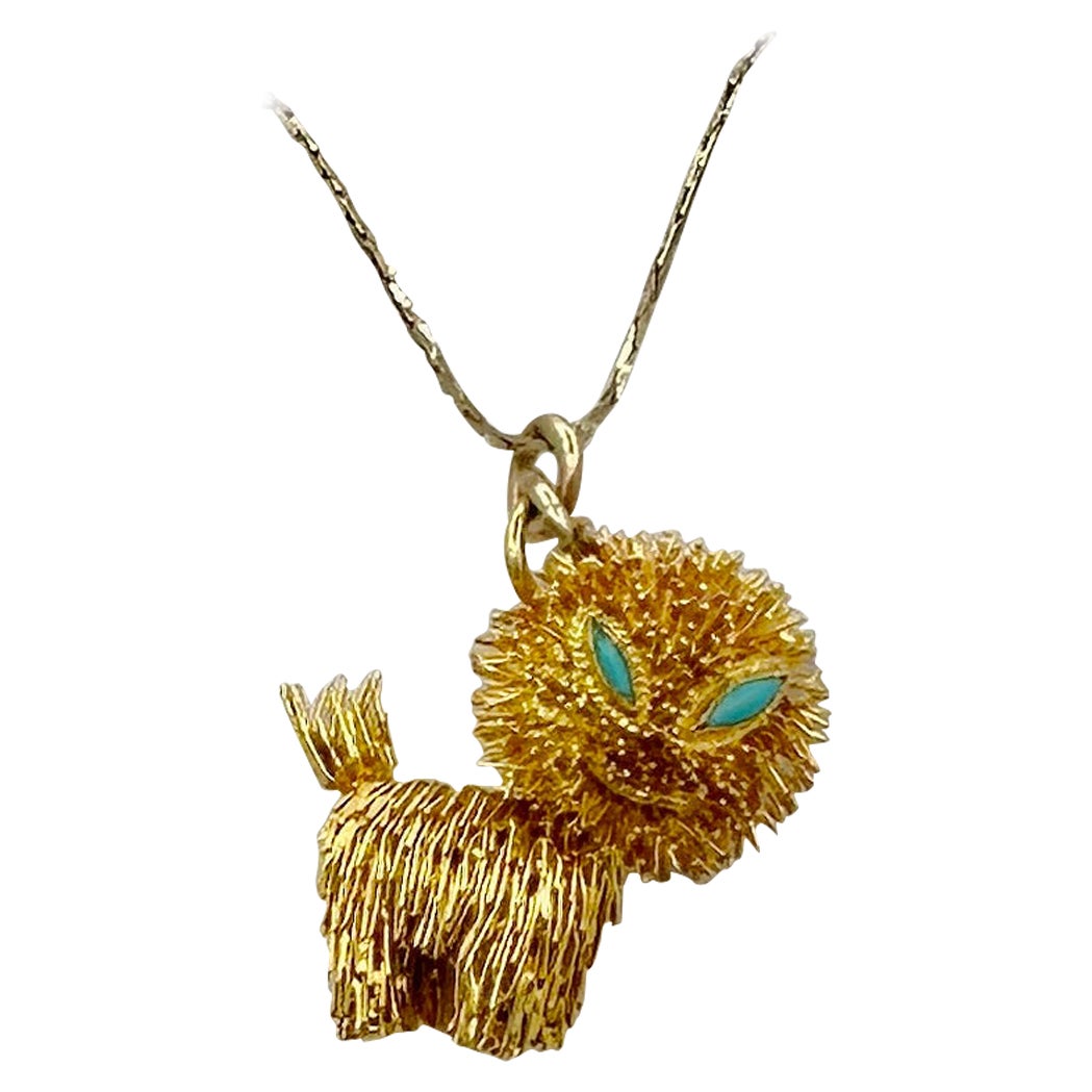 Cat Kitten Turquoise Pendant Charm Necklace Gold Retro Mid-Century Modernist