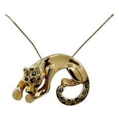 Panther Leopard Cheetah Enamel Pendant Necklace 14 Karat Gold Cartier Style