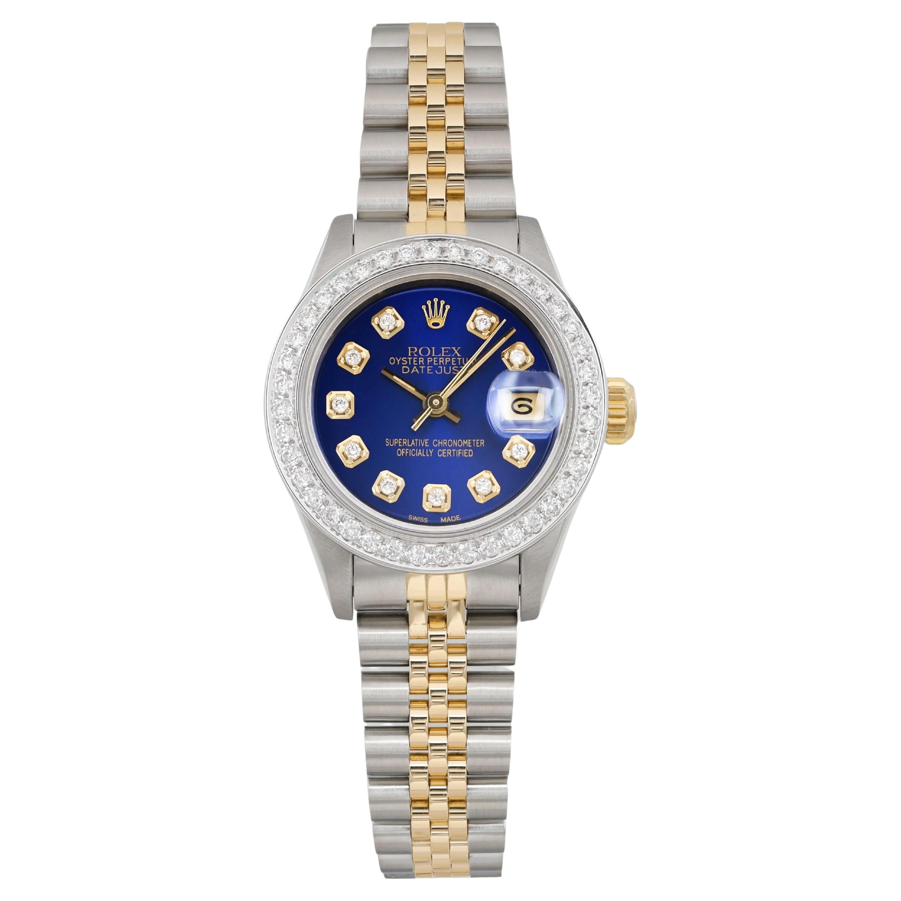 Rolex Montre Datejust 26 mm en or 18 carats avec cadran personnalisé bleu pour femmes 69173