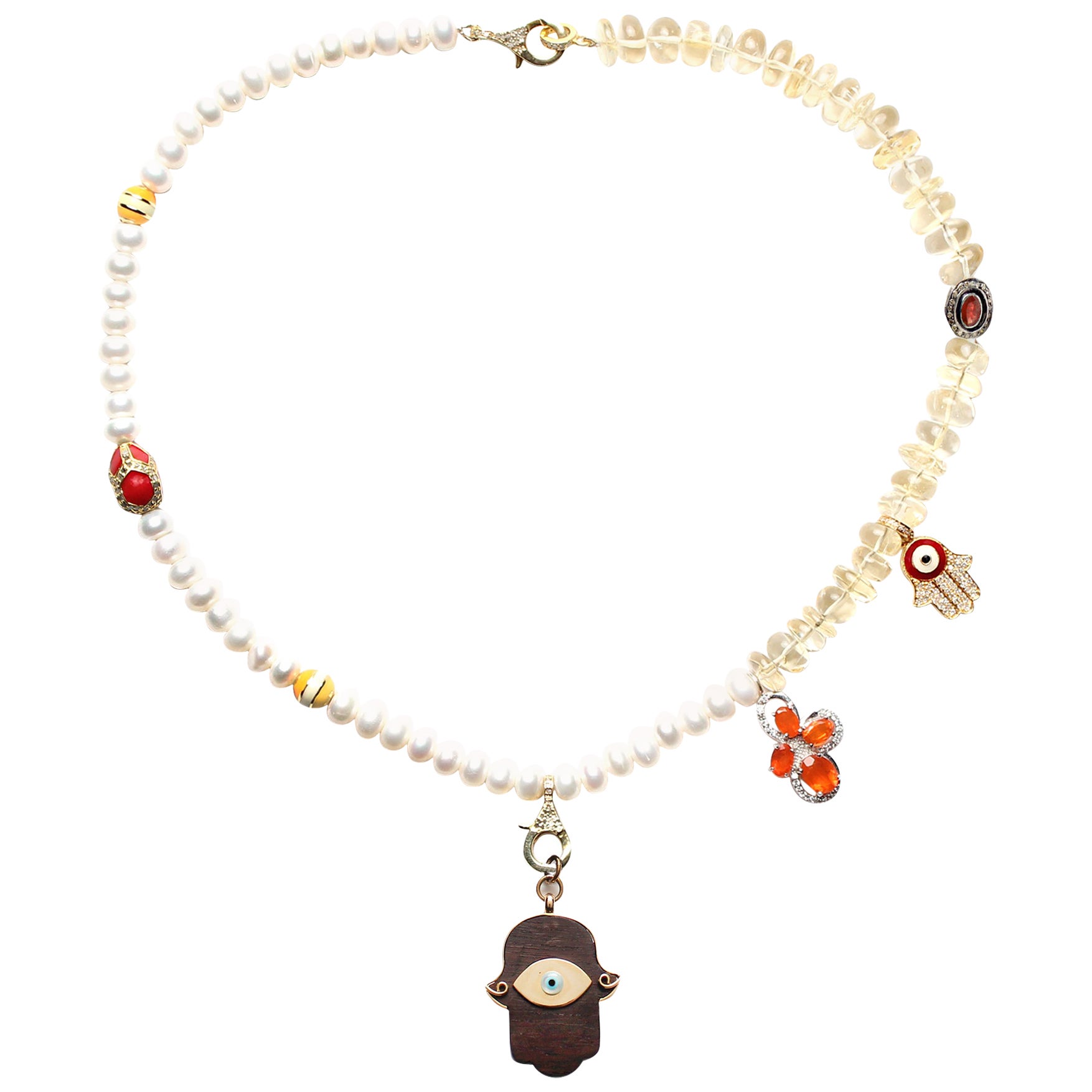 CLARISSA BRONFMAN Pearl Quartz Carnelian Diamond Ruby Ebony Hamsa Hand Necklace