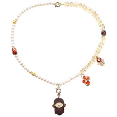CLARISSA BRONFMAN Pearl Quartz Carnelian Diamond Ruby Ebony Hamsa Hand Necklace