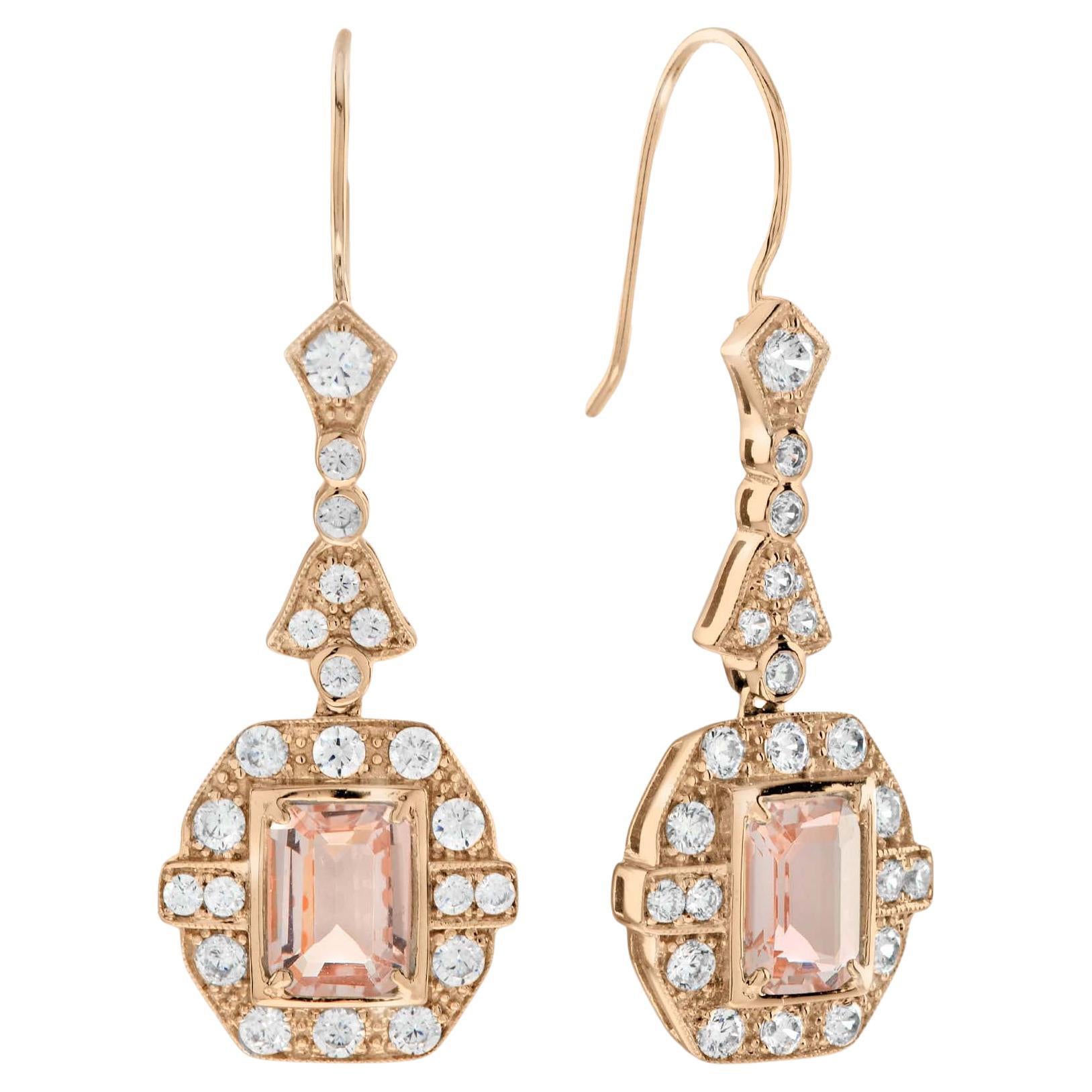 Morganite and Diamond Art Deco Style Drop Earrings in 18K Rose Gold