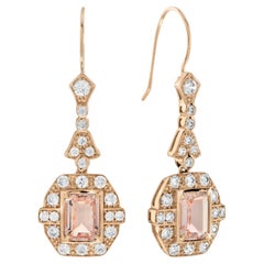 Morganite and Diamond Art Deco Style Drop Earrings in 18K Rose Gold