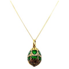Fabergé 14 Karat Yellow Gold Green Enamel Diamond Egg Pendant