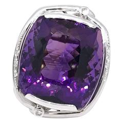 Large 72.72 Carat Cushion Cut Amethyst and Diamond Cocktail Ring in Platinum