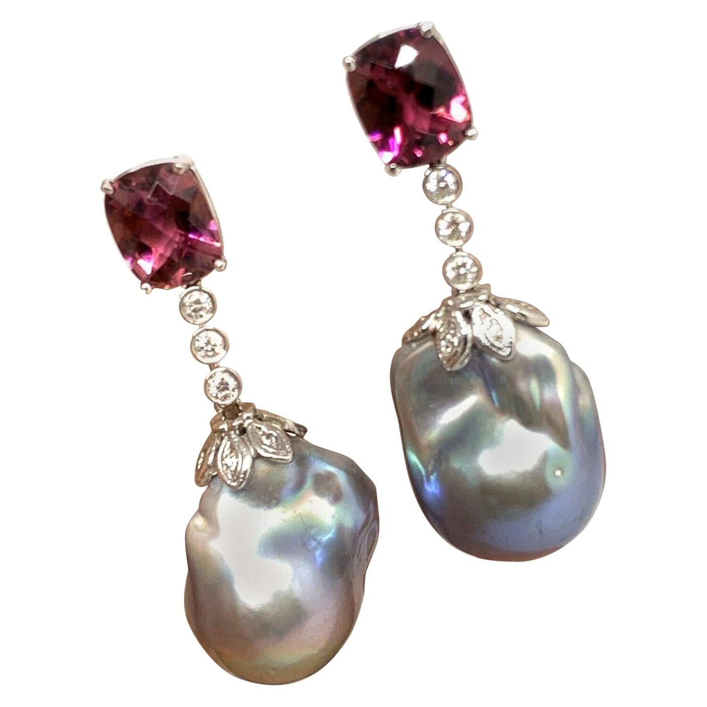 Diamond Rubellite Tourmaline Pearl Earrings 18k Gold 6.25 TCW Certified