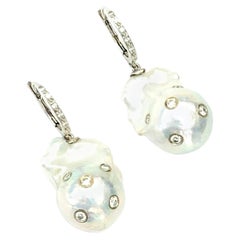 Diamond Fresh Water Pearl Earrings 14k Gold Large Certified