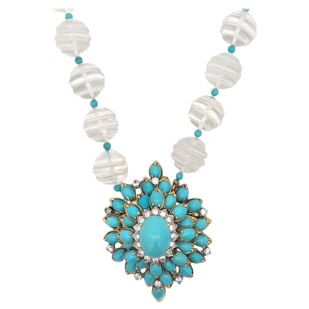 Turquoise & Rock Crystal Bead Pendant Necklace