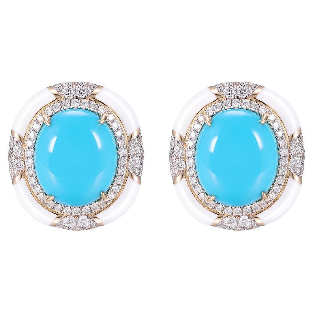 5.53Ct Sleeping Beauty Turquoise Diamond Enamel Earring in 18 Karat Yellow Gold