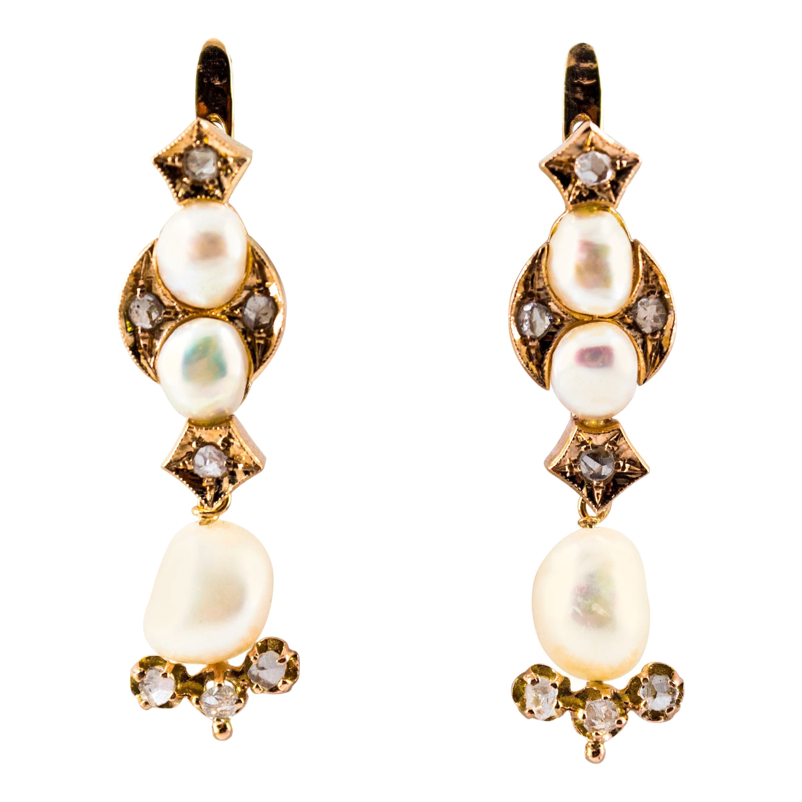 Art Deco Style White Rose Cut Diamond Pearl Yellow Gold Lever-Back Drop Earrings