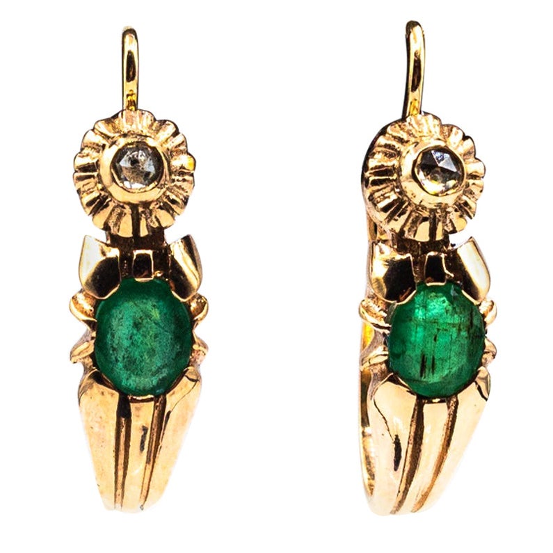 Art Deco Style White Rose Cut Diamond Oval Cut Emerald Yellow Gold Earrings