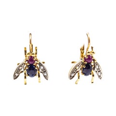 Art Nouveau Pendientes "Moscas" Diamante Blanco Zafiro Azul Rubí Oro Amarillo