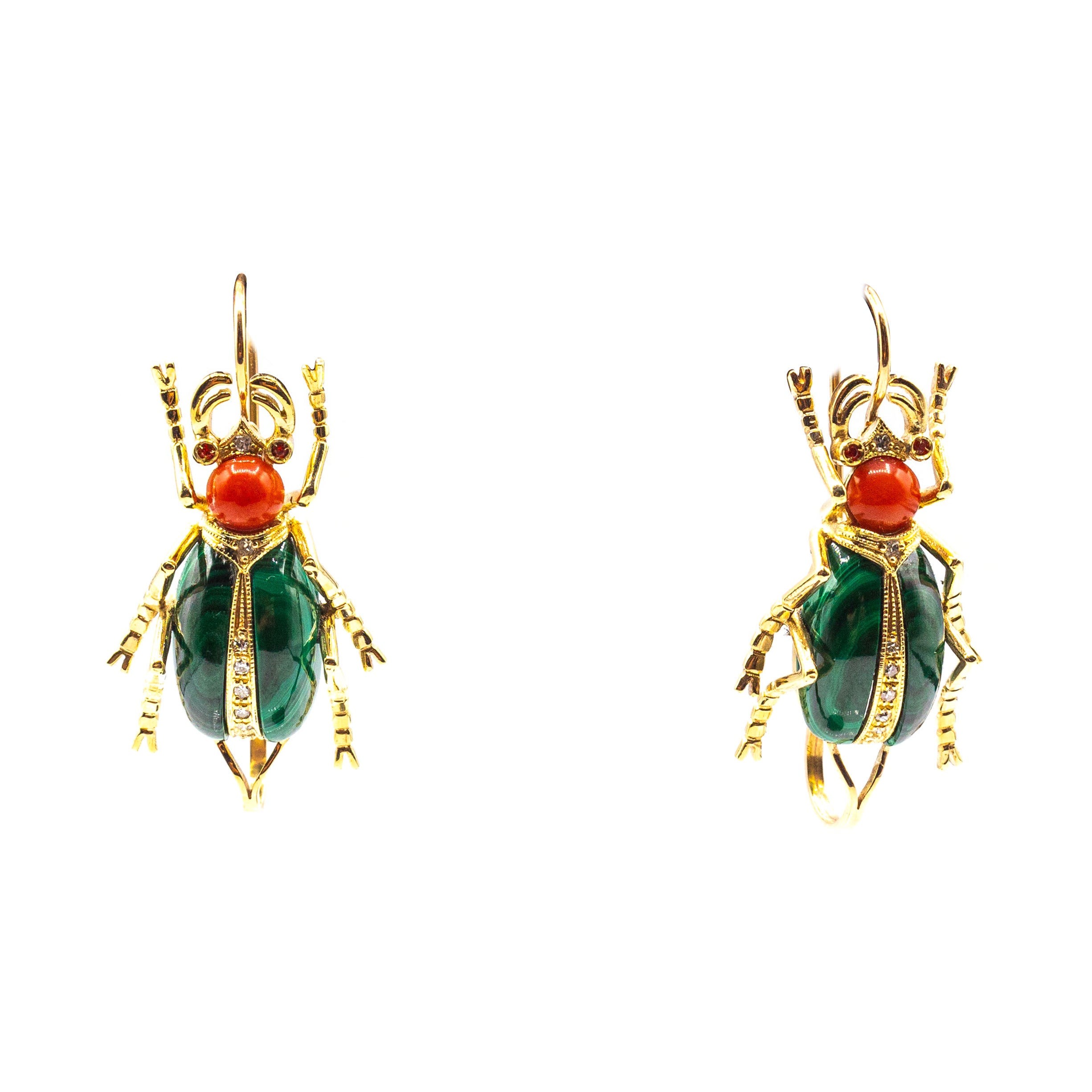 Art Nouveau White Diamond Coral Ruby Malachite Yellow Gold Lever-Back Earrings For Sale