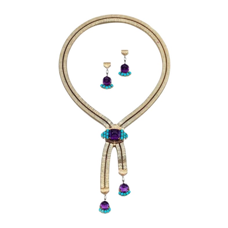 Cartier Diamond, Amethyst and Turquoise Gold Necklace and Earring Set For Sale
