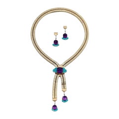 Cartier Diamond, Amethyst and Turquoise Gold Necklace and Earring Set