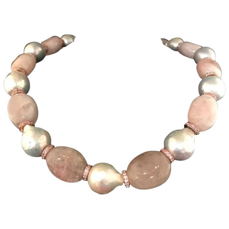 Crewneck Necklace Baroque Pearls Morganites Pink Sapphires Bakelites