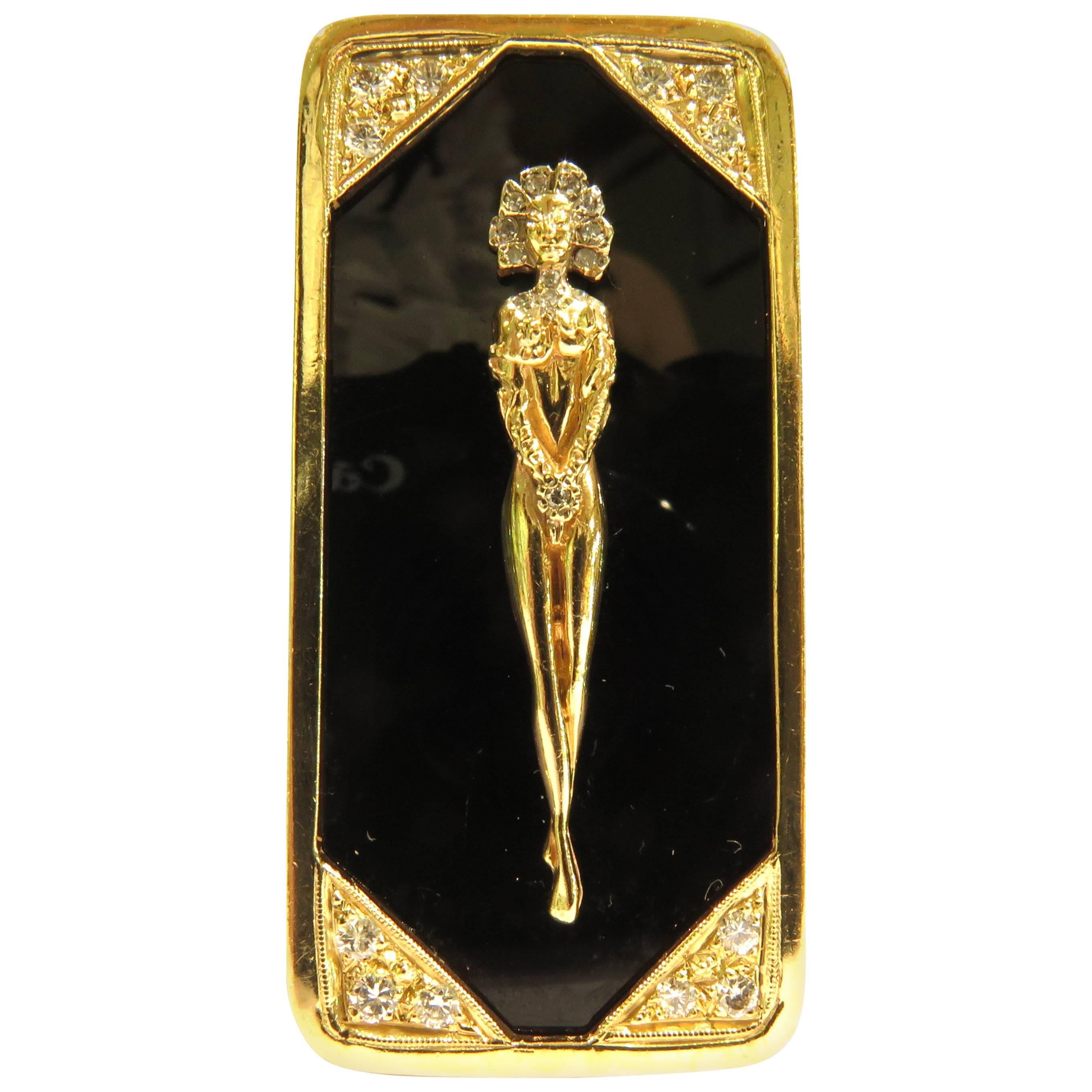 Onyx Diamond Nude Woman Gold Pin Pendant For Sale