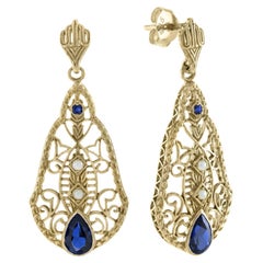 Blue Sapphire and Pearl Style Dangle Filigree Earrings in 9K Yellow Gold