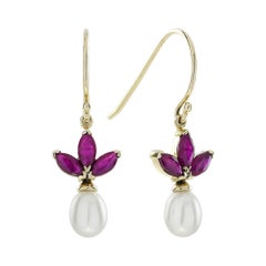 Rubin und Perle Vintage Style Tropfen Ohrringe in massivem 9K Gelbgold