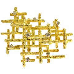 Large Modernist Henry Dunay Diamond Gold Pin Geometric Textured Bars