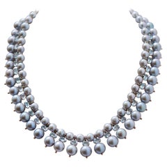 Grey Pearls, Diamonds, Aquamarine Colour Topaz, Rose Gold and Silver Necklace.