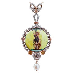 Pietre, zaffiri, diamanti, perle, collana con ciondolo in oro rosa e argento.