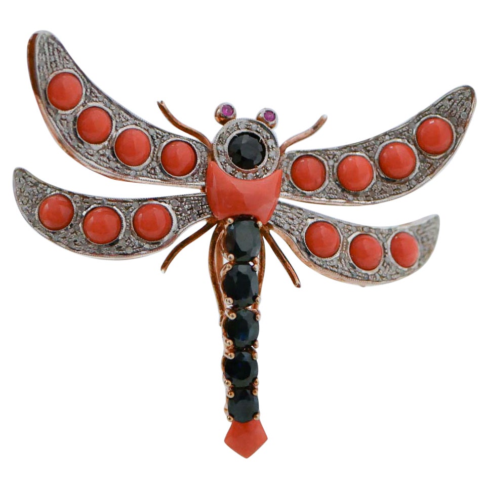 Coral, Sapphires, Rubies, Diamonds, Rose Gold and Silver Brooch.
