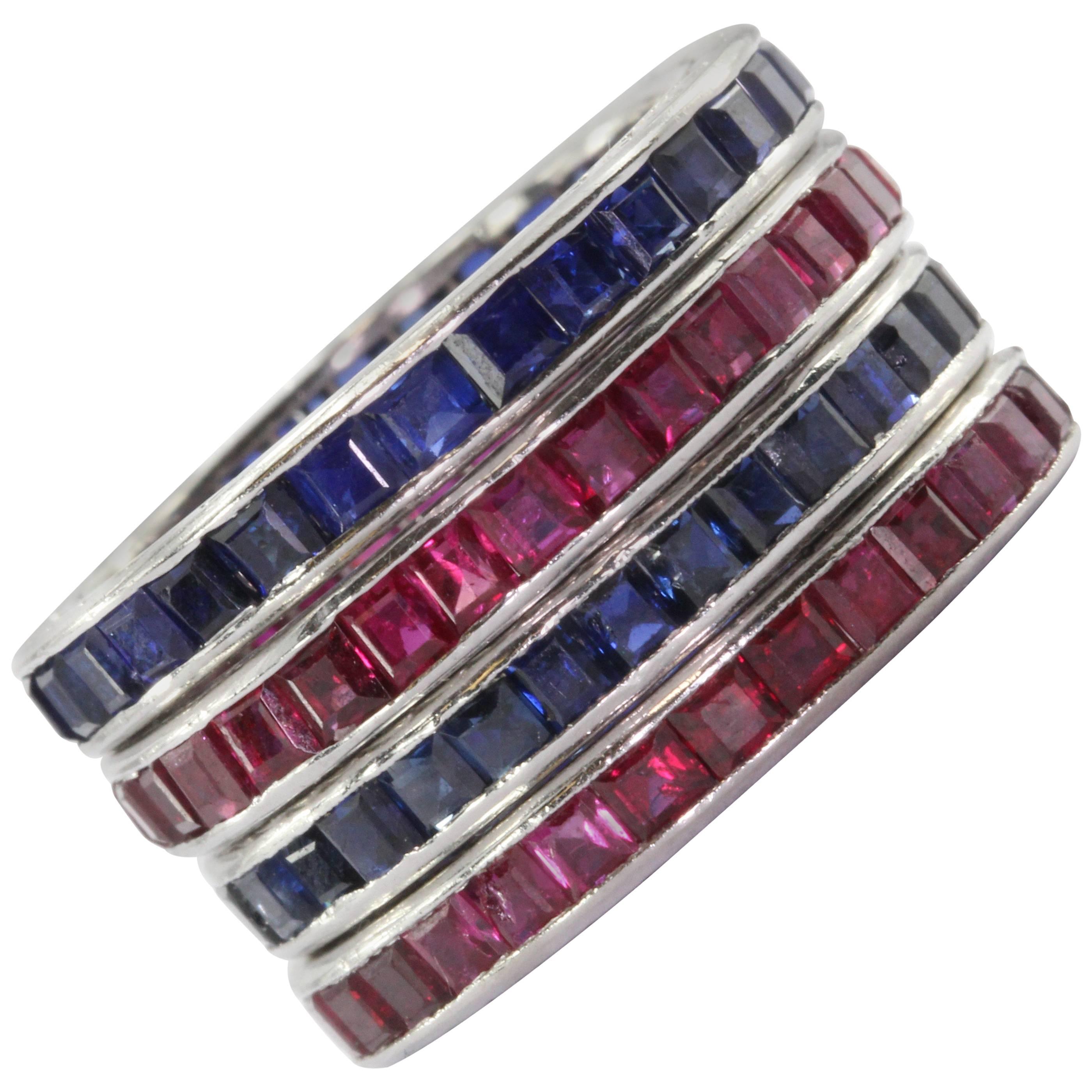 Tiffany & Co. Four Stackable Art Deco Ruby Sapphire Platinum Eternity Band Rings