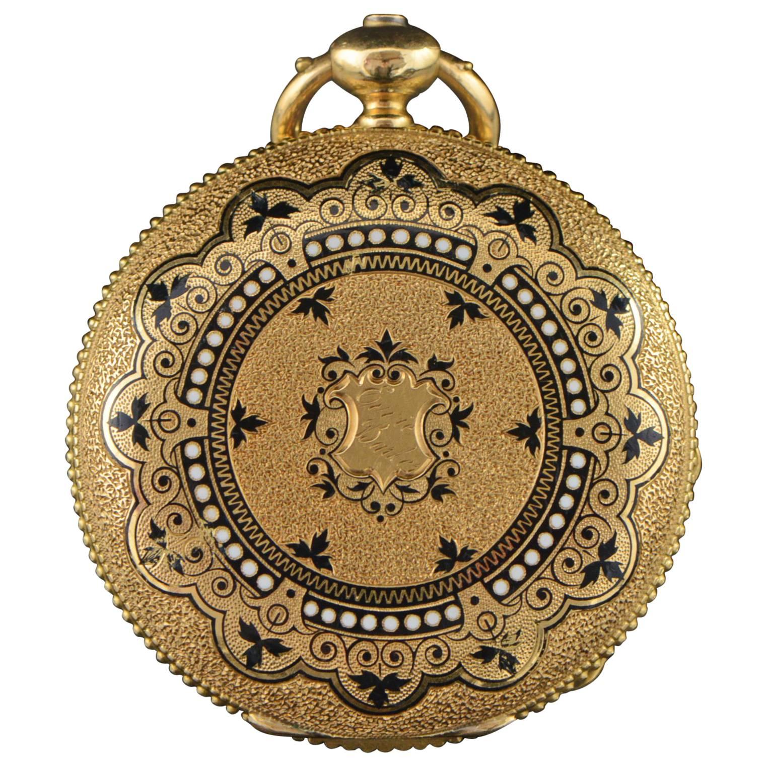 Longines Ernest Francillon Yellow Gold Enamel Key Wind Pocket Watch circa 1850s 