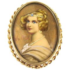 Antique Gold Hand-Painted Portrait Brooch Pin Pendant 4
