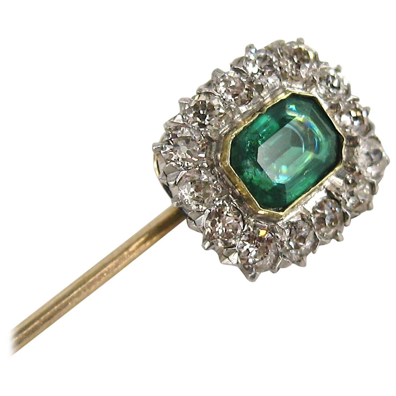 Spectacular 1920s Emerald and Diamond Platinum Gold Stick Pin
