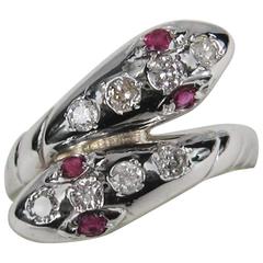 Double Headed White Gold Snake Ring Diamond and Ruby Unisex 6