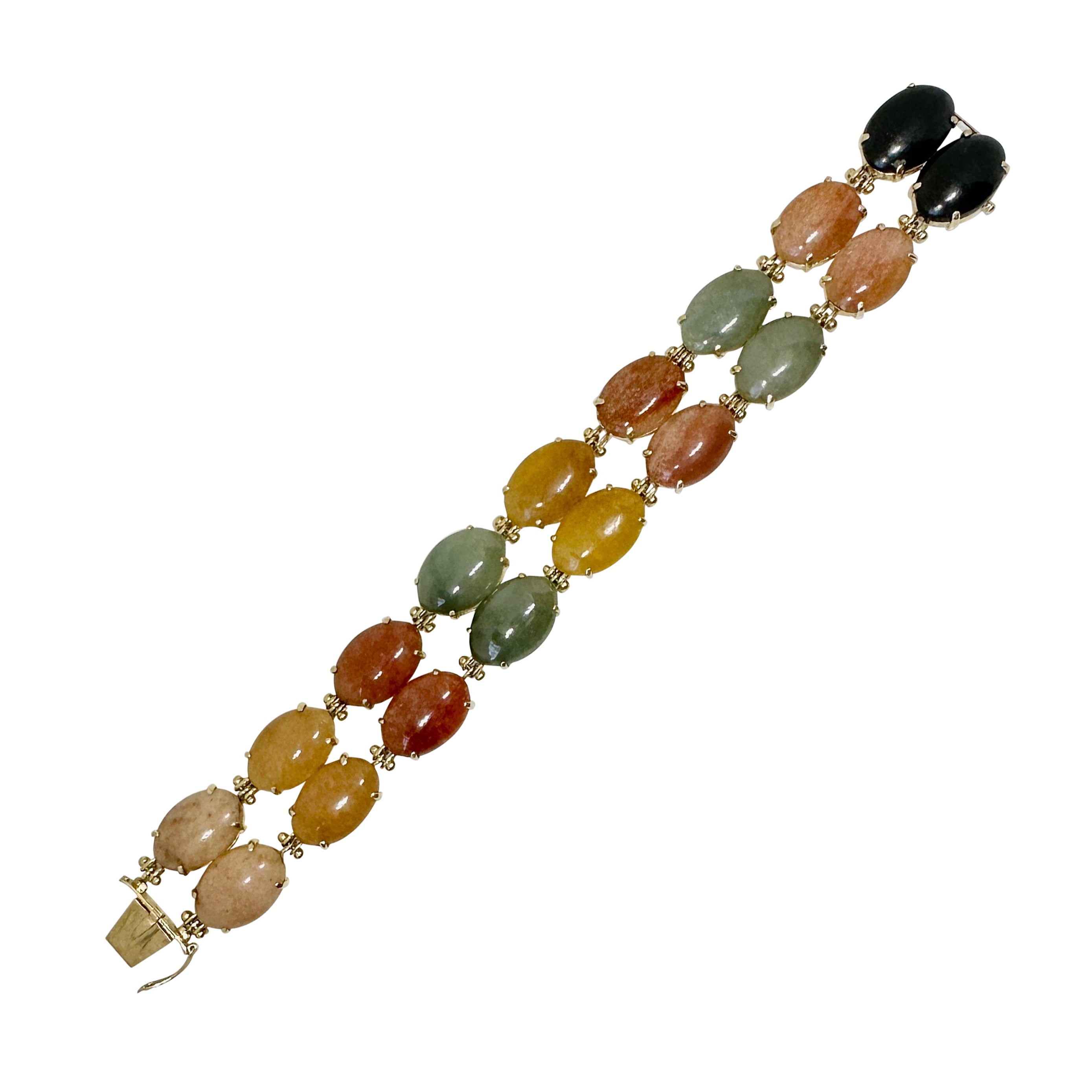 Multicolor Rainbow Jade Double Link Bracelet 14 Karat Yellow Gold Antique Retro