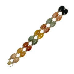 Mehrfarbiges Regenbogen-Jade-Doppelgliederarmband 14 Karat Gelbgold Antikes Retro