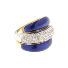 Yellow and white gold band ring with brilliants and blue enamel ct.0.85