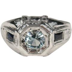 1920s Art Deco White Gold Aquamarine and Sapphire Engagement Ring 4