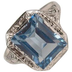 Art Deco White Gold Emerald Cut Blue Topaz Ring 5
