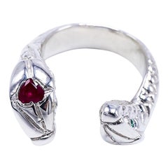 Heart Ruby Snake Ring Sterling Silver White Diamond Emerald Cocktail Ring