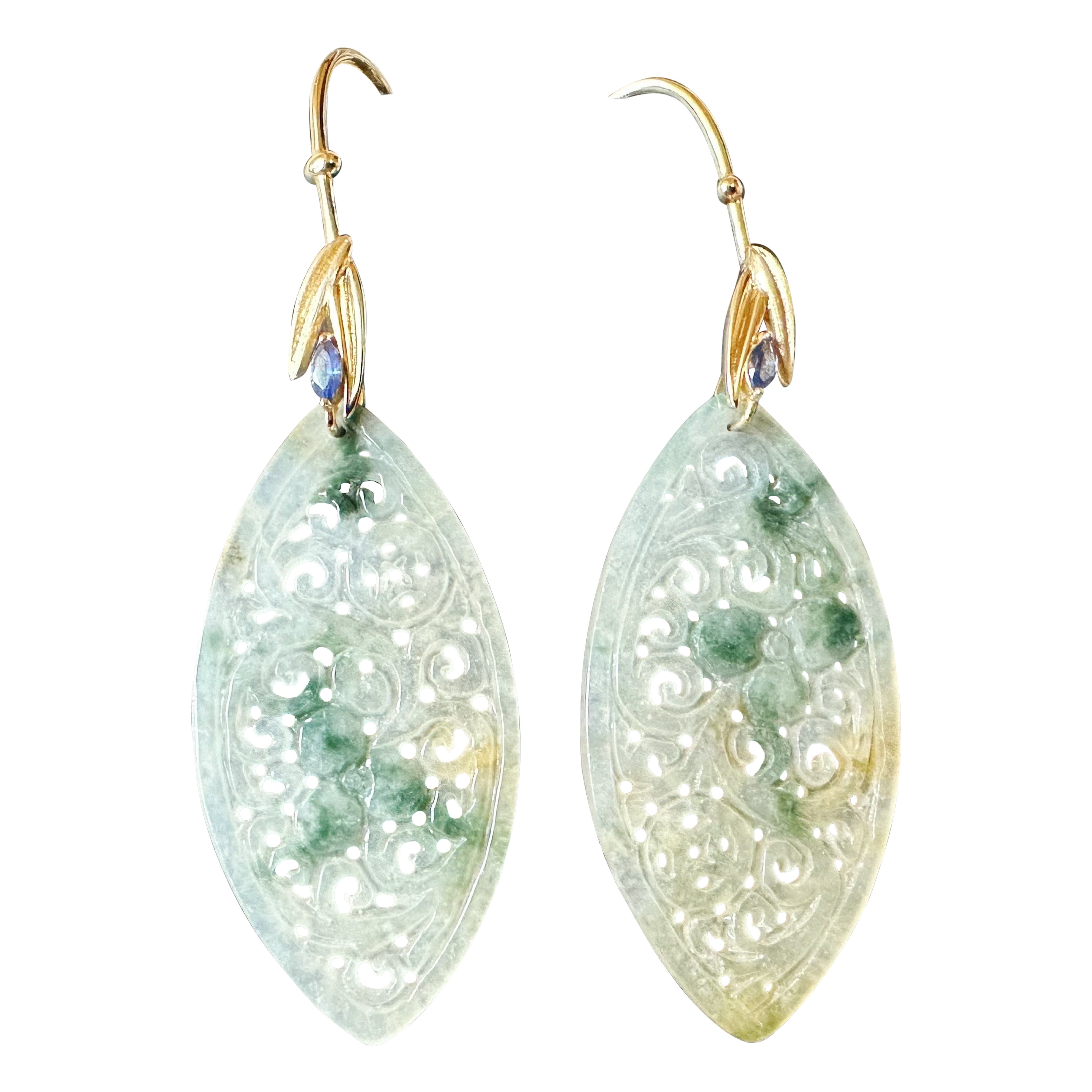 Natural Myanmar Icy Type Bicolor Green and Yellow Jade Carved 18K Gold Earrings
