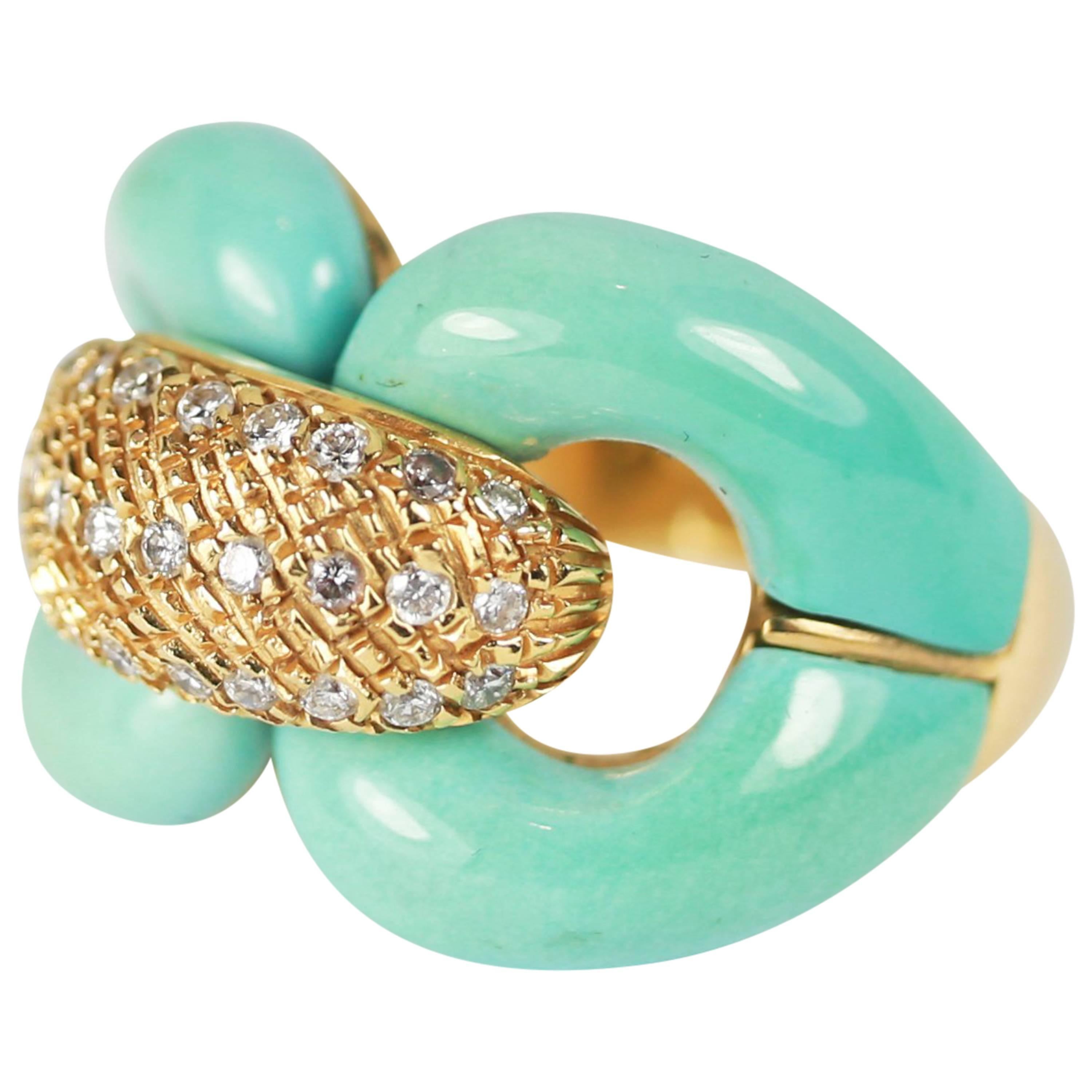 Turquoise and Diamond Chain Link Ring For Sale
