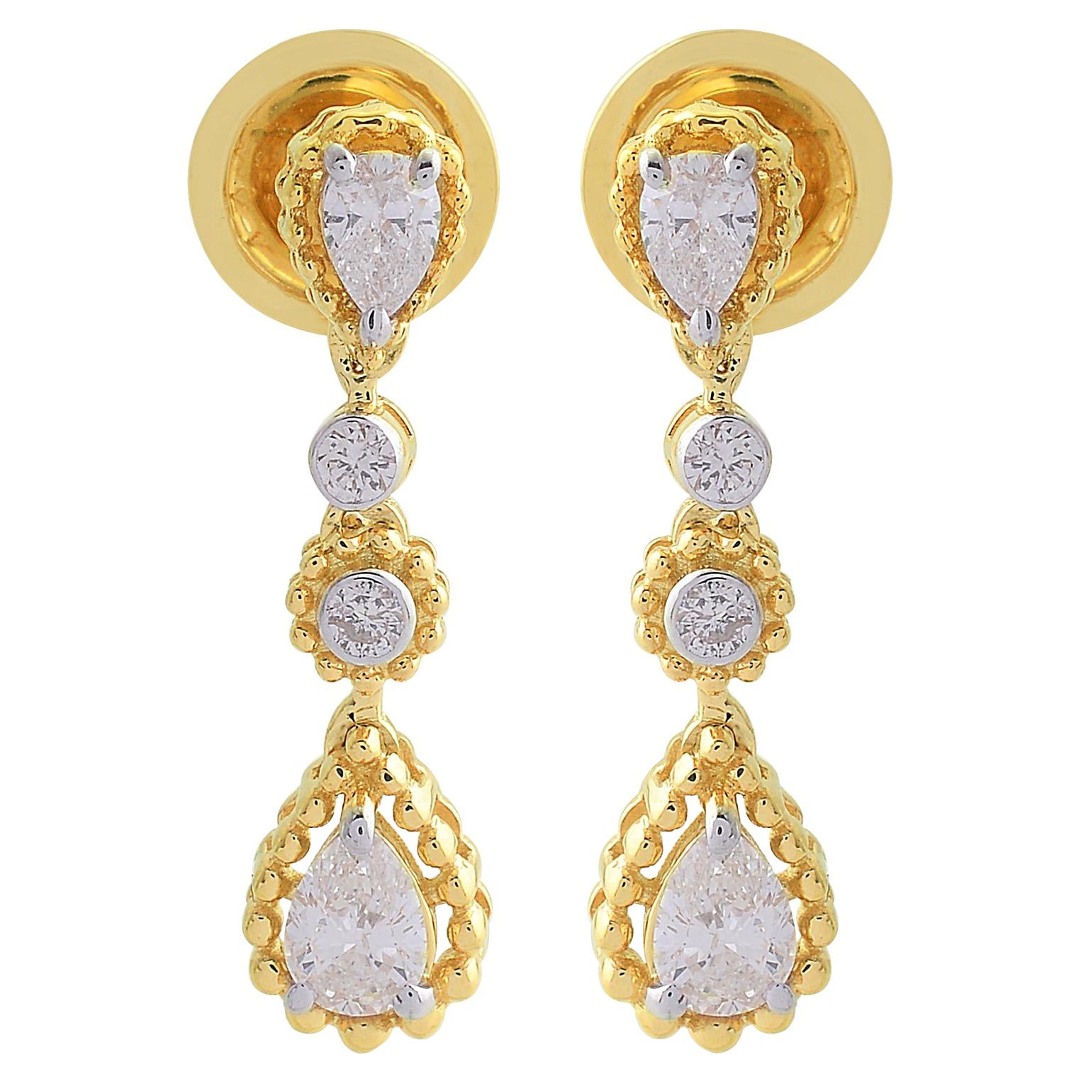 SI Clarity HI Color Pear & Round Diamond Dangle Earrings 14k Yellow Gold Jewelry For Sale