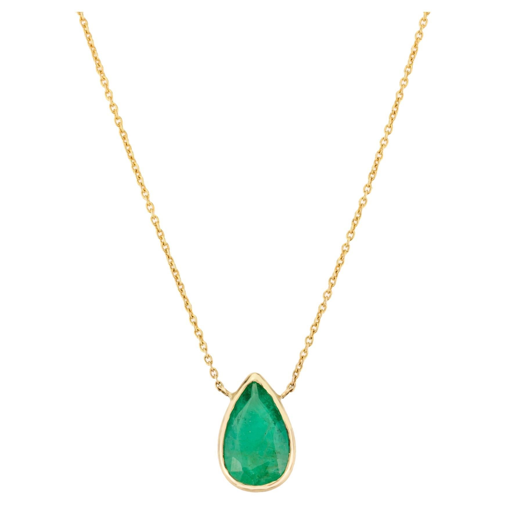 1.59 Carat Pear Cut Emerald Everyday Chain Necklace in 14k Solid Yellow Gold